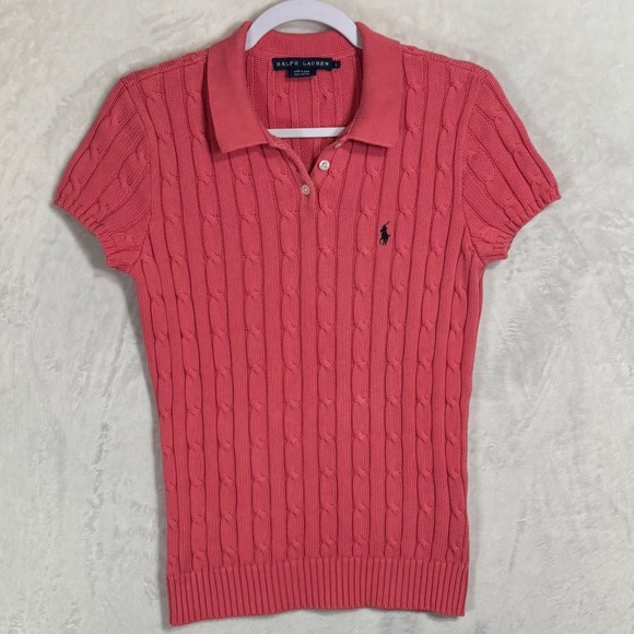 Ralph Lauren Cable Knit Polo Shirt Women's Large Fitted Pink Sweater Top Preppy - Picture 6 of 15